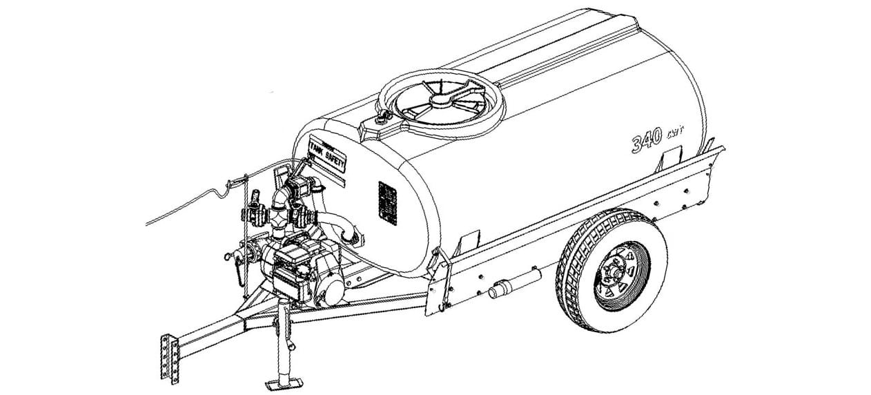 An engineering drawing of the ABI 340 Gallon Compact Water Trailer